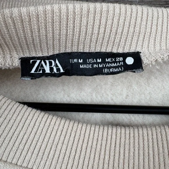ZARA Women’s Light Beige Round Neck Sweatshirt Tricot Patch Pockets Size Medium - Picture 11 of 15
